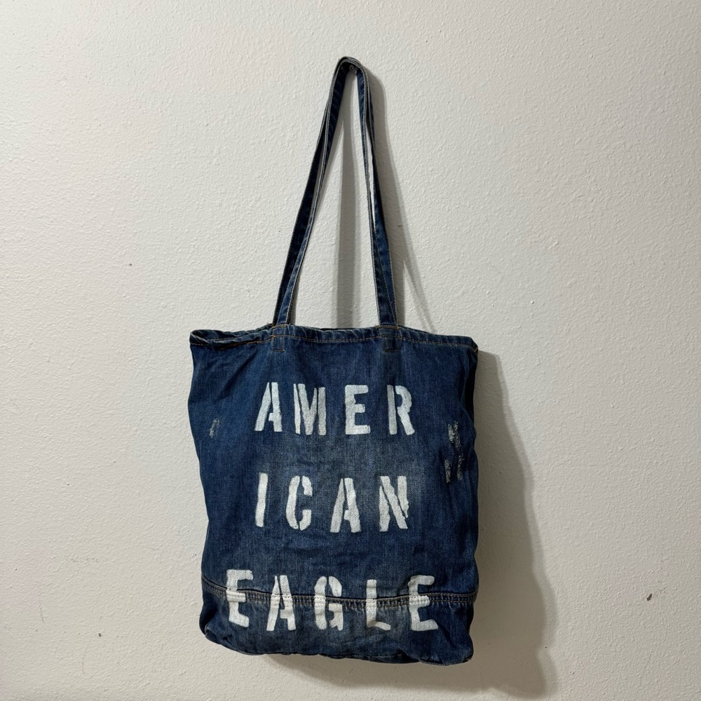 American Eagle Outfitters Denim Tote Book Bag Blue Jean Purse Double‎ Handles